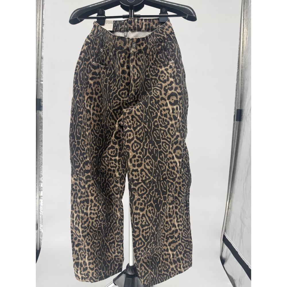 Potili Womens Size 8 Leopard Barrel Jeans NWT Brown Black Wide Leg Animal Print